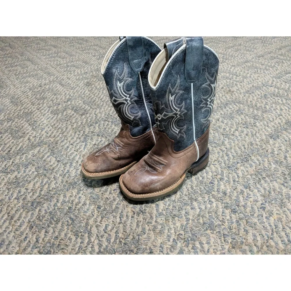 Old West BSC1914 Kids Western Boots Brown Navy Blue Leather Square Toe Size 9D
